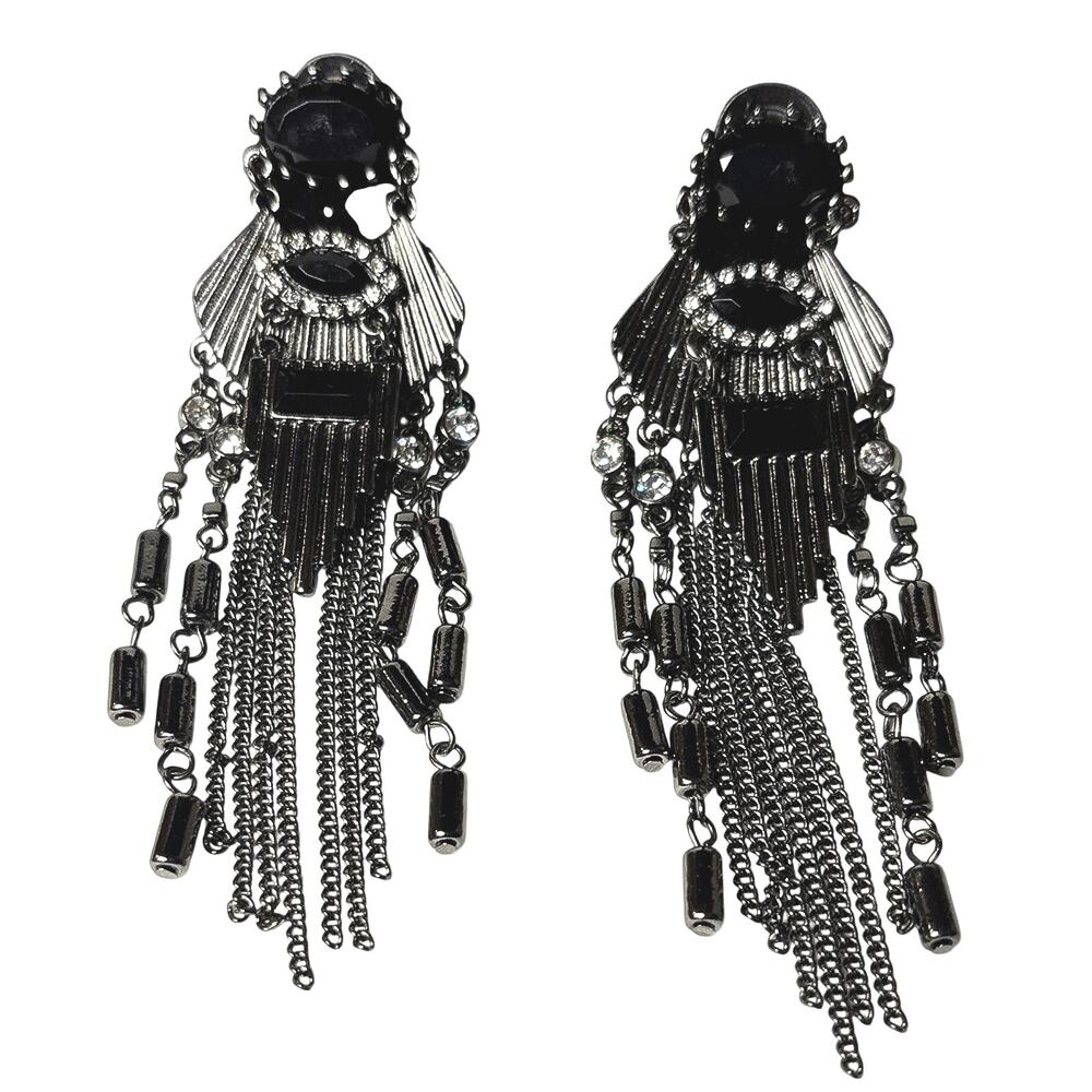 Large Gothic Gunmetal Chandelier Earrings Black Rhinestone Fringe Dangle